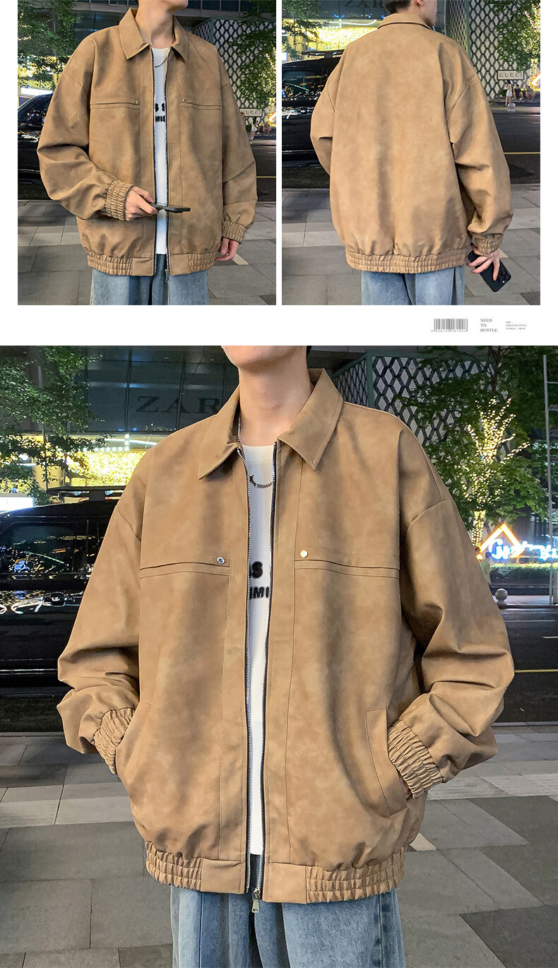 Warrior Men's Casual Leather Jacket Spring Autumn Loose Lapel Workwear Coat Gray XL 13