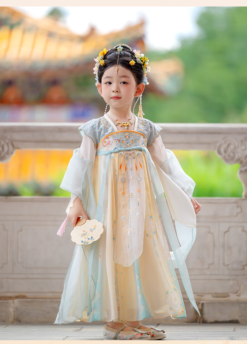 Menghulonglongyue Hanfu Girls' Spring and Autumn Dress New Children's Princess Ru Skirt National Style Dress Yellow Blue 120 20