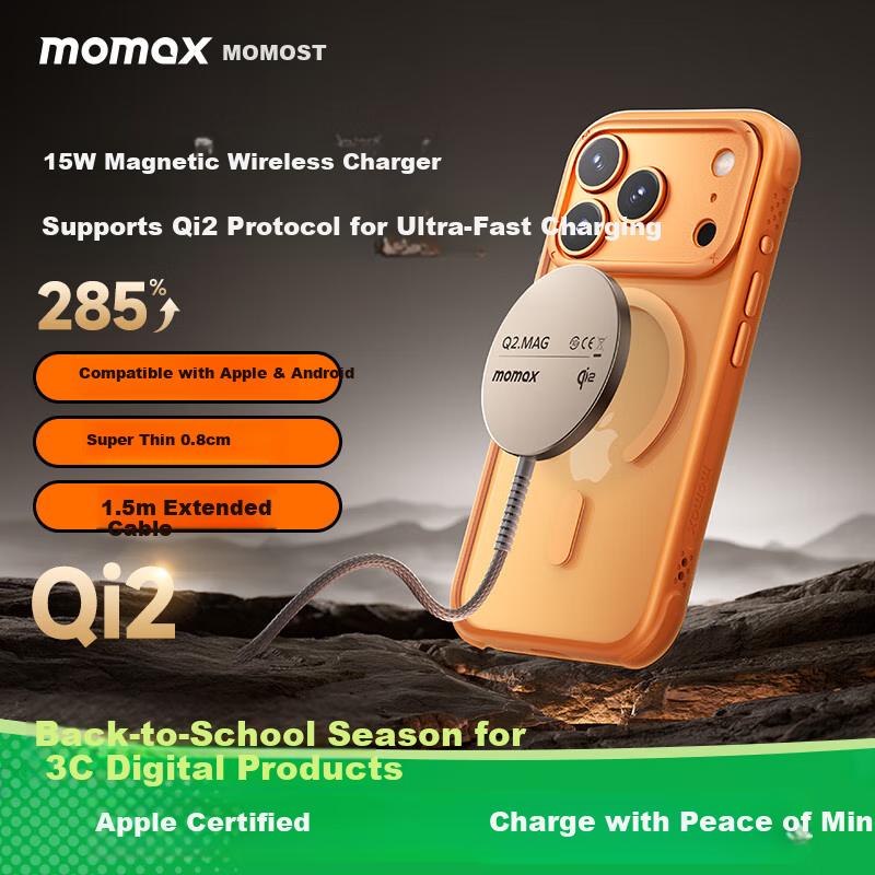 MOMAX [Compatible with IPhone 18] Wireless Charger MagSafe Magnetic Fast Charging, True 15W Apple IPhone 17/16/15 Pro Max Phone Earphones Desktop Charger