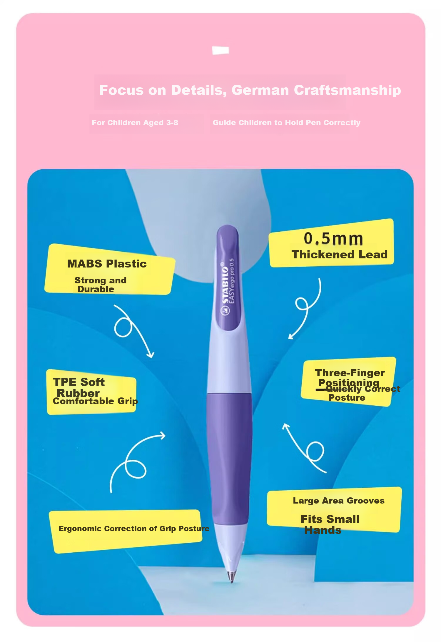 STABILO Mechanical Pencil 0.5mm [Graduation Gift for Men And Women], Retractable Non-Sharpening Pencil for Children's Handwriting Practice And Exams, Macaron Yellow Chunky Pencil 6