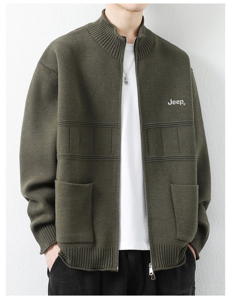 JEEP Men's Winter Thickened Cardigan Sweater Loose Fit Premium Knitwear Gray Green 2XL 1