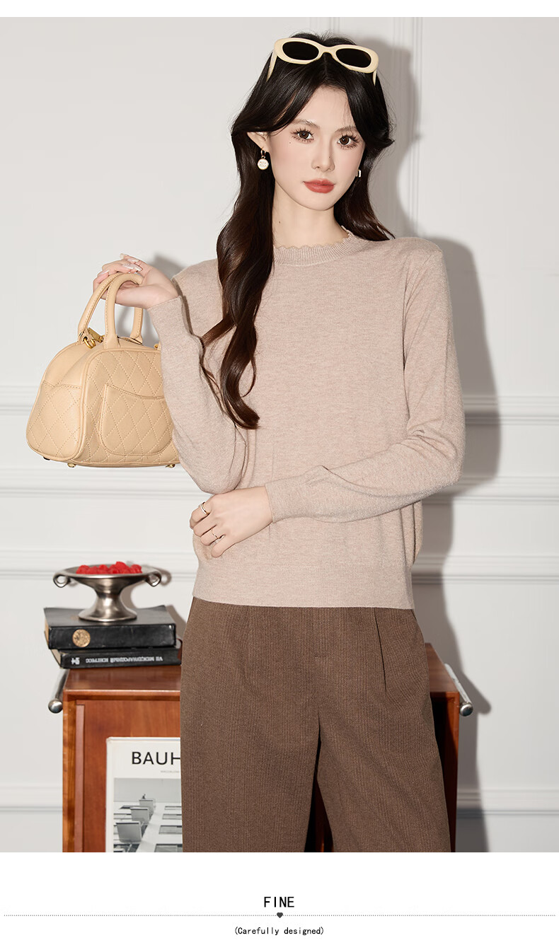 Jeanswest Women's Summer Soft Knit Casual Long Sleeve Lace Trim Round Neck Camel One Size Top 8