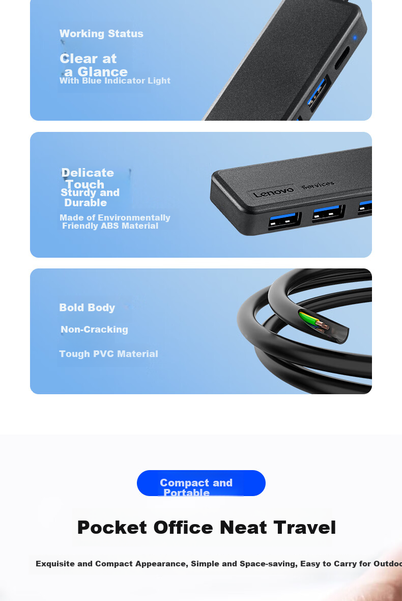 Lenovo Type-C Interface USB3.0 Hub Adapter Expansion Dock, USB Extender Cable, Laptop Expansion Dock Converter BY01C-3.0 (0.25M) 4