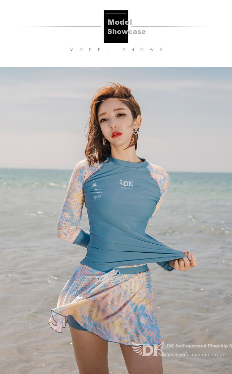 DK Women's Two-Piece Swimsuit, Korean Ins Style, Conservative, Tummy-Concealing, Slimming, Hot Spring And Sports Swimwear, Light Blue Floral Pattern, Long Sleeve Skirted, Size L 4