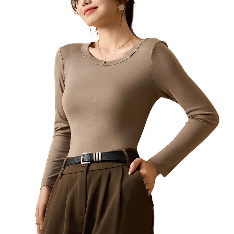 Miiow Women's Wool Acrylic Acetate Large Round Neck Slim Fit Long Sleeve Knit Top Light Coffee M
