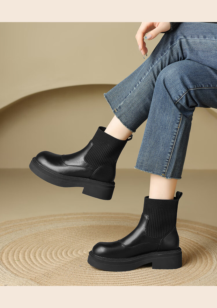ZHR Elastic Socks Boots Women Autumn Winter Fleece Thick Sole Height Increasing Slimming Soft Sole British Short Boots EH255A Black 36 2