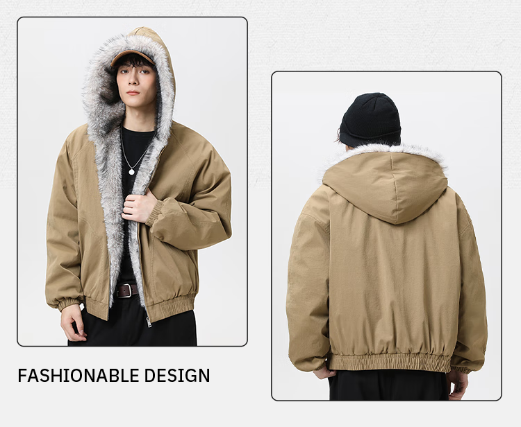 Homlean Heavyweight Fur Collar Hooded Eagle Cotton Jacket Unisex Winter Fleece Warm Couple Coat HY98 Khaki L 5