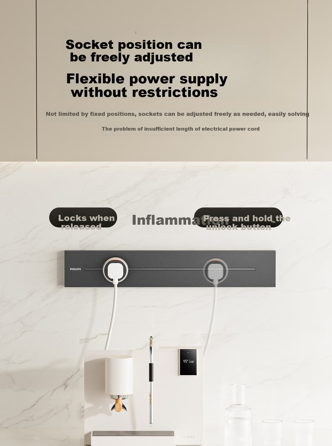 PHILIPS Surface-Mounted Track Socket Switch Panel, Wall-Mounted without Slots, Movable Sliding Rail Panel for Sideboard, Track-Type Sliding Power Strip, 42cm Track + 2 Adapters, Black 4