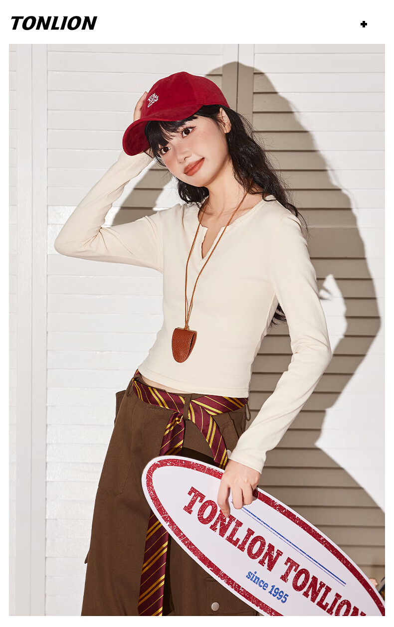 TonLion Women's Long Sleeve Cotton High Elasticity Solid Color Slim Fit V-Neck T-Shirt Autumn Winter New Design Top 4