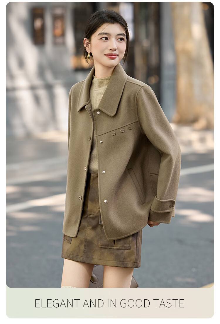 LOUISYAO Minimalist 100% Wool Short Coat 25 Winter New Fashion Slim Double-Sided Woolen Jacket Women Khaki Green M 12