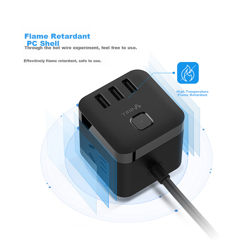 BULL Cube USB Power Strip/Extension Cord/Power Bar/Outlet Strip 3 USB Ports + 3 Sockets, 3 Meters Long, Black, GN-U303H Master Switch 4