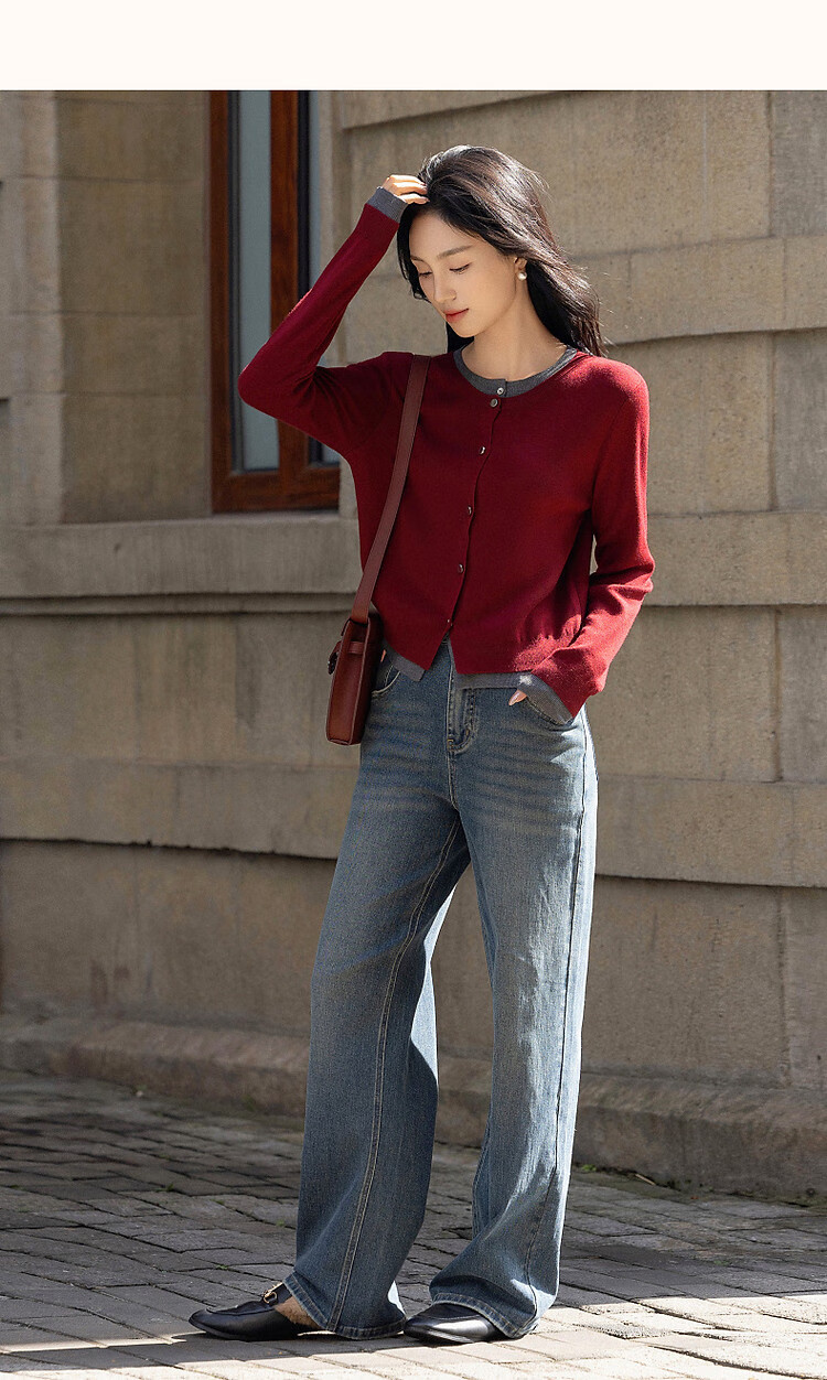 Dme [Quiet Luxury Inspired Wardrobe] Spring and Autumn Design Fake Two-Piece Color-Block Knit Sweater with Decorative Buckle for Women 40