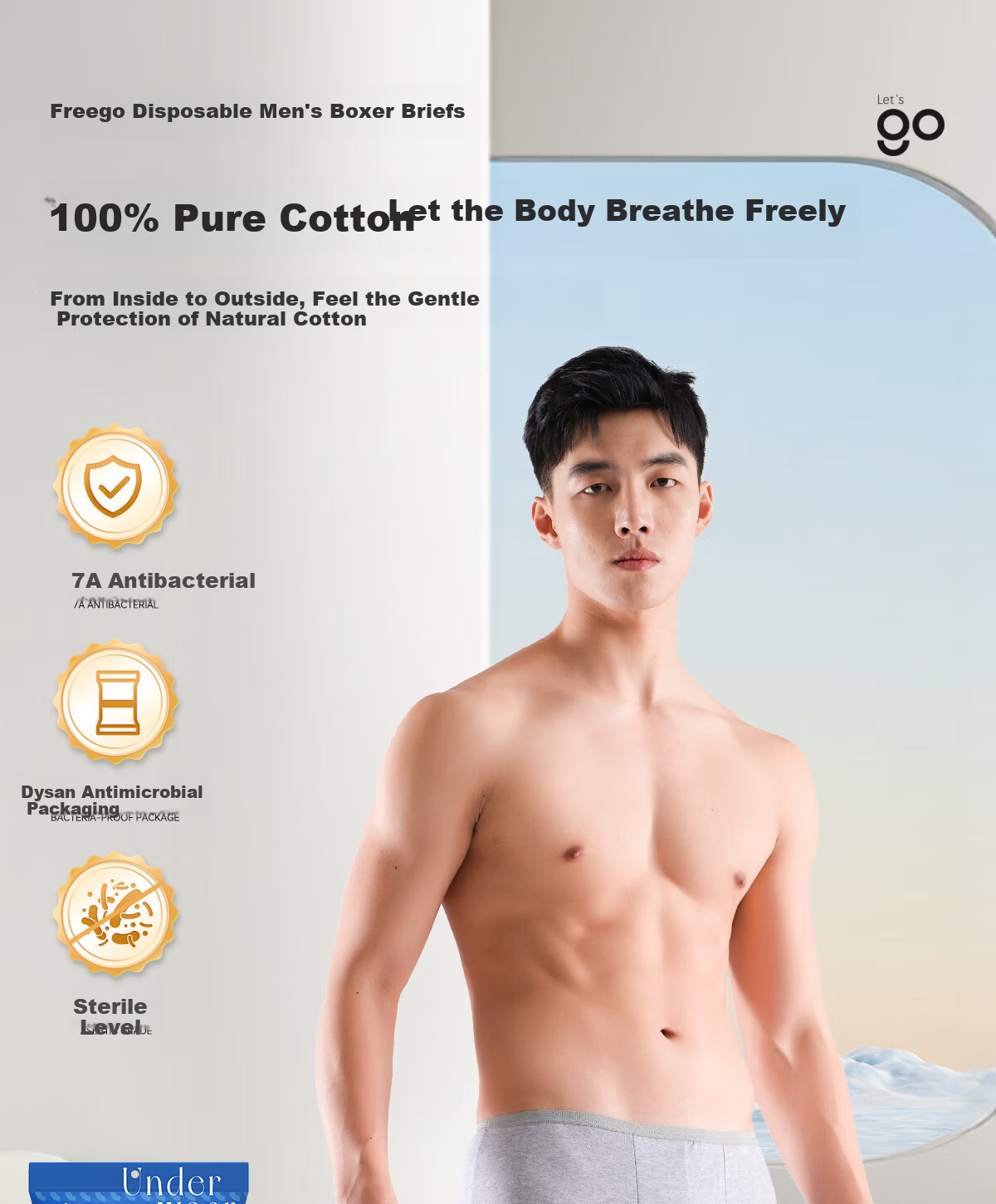 Freego Disposable Men's Boxer Briefs, Pure Cotton, Travel-Friendly, Sterilized, Portable, Comfortable, Large Size, 3 Pairs, Men's Gray, Size L 1