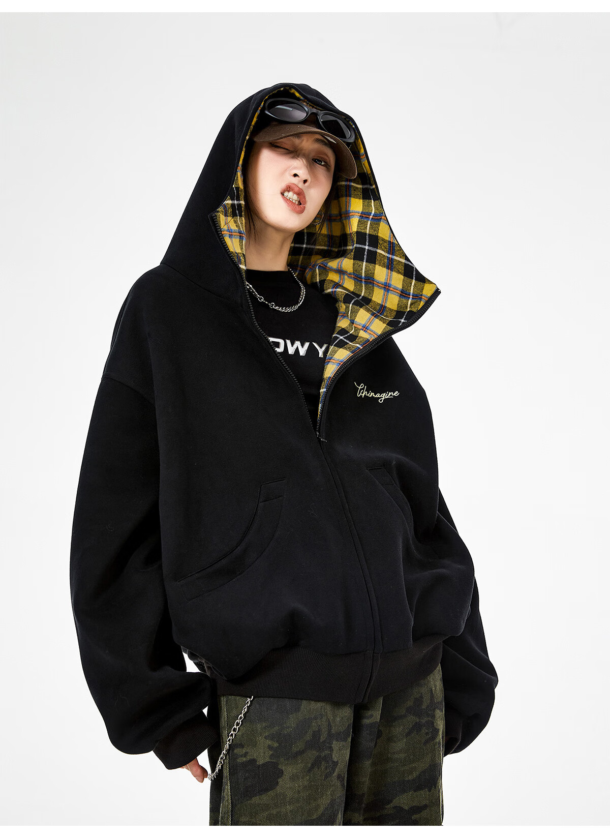 ICH MODE Celebrity Style American Plaid Patchwork Cardigan Sweatshirt Autumn Jacket Sports Cardigan Top Women Heather Gray XL 41