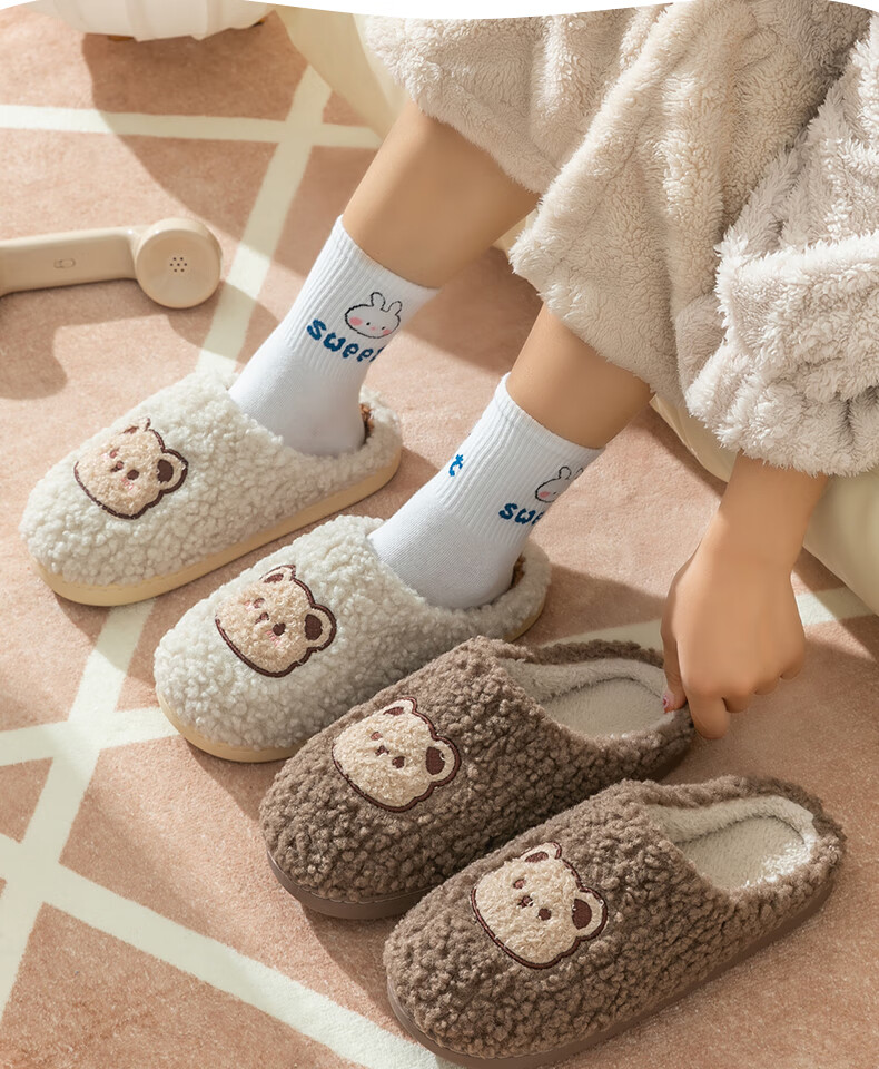Runrou Women's Cotton Slippers Autumn Winter Warm Fleece Cute Indoor Home Couple Men's Antibacterial Deodorant 16
