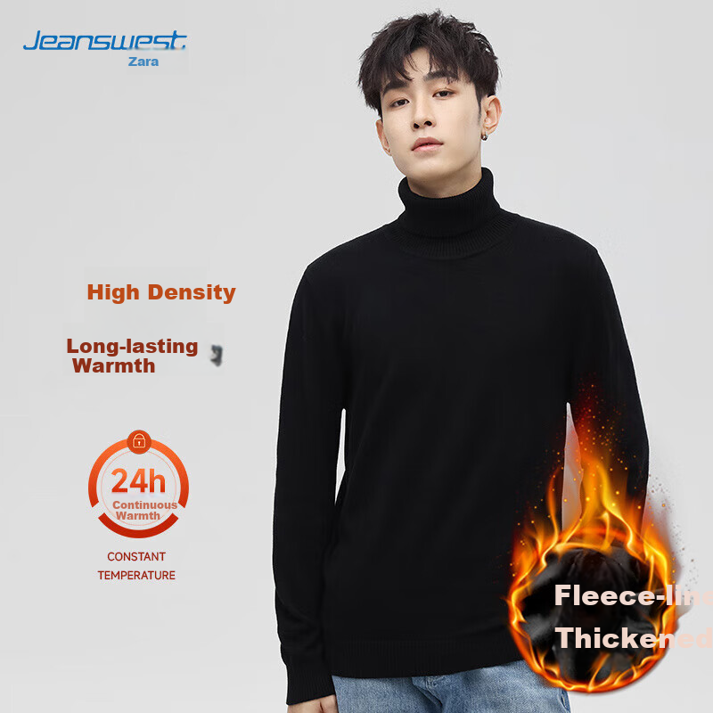 Jeanswest Men's Sweater, Autumn And Winter Fleece-Lined Thick Casual Turtleneck Warm Base Layer, Simple Knit Pullover for Me