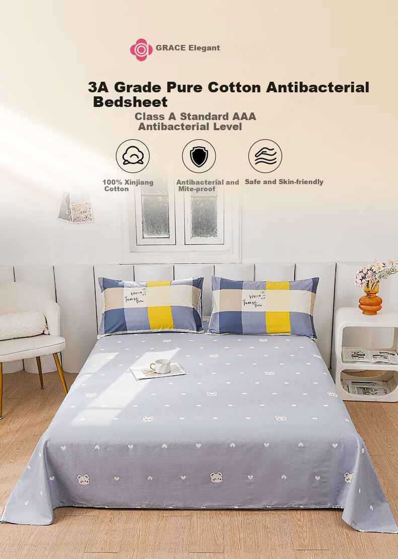 Grace Class A 100% Pure Cotton 7A Antibacterial Fabric Single Bed Sheet for Student Dormitory 120*230cm Heart Gray 1