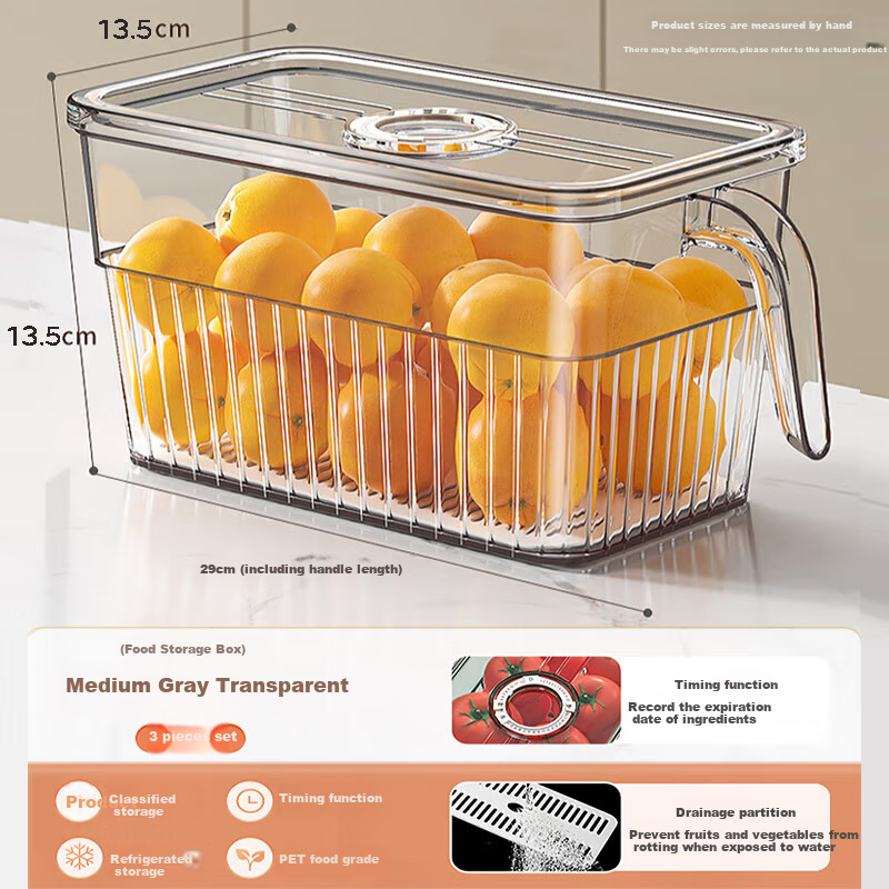 Jiabangshou Refrigerator Storage Containers, Food-Grade, for Fruits, Vegetables, Eggs, with Handles, Divided Compartments, Medium Size, Pack of 3