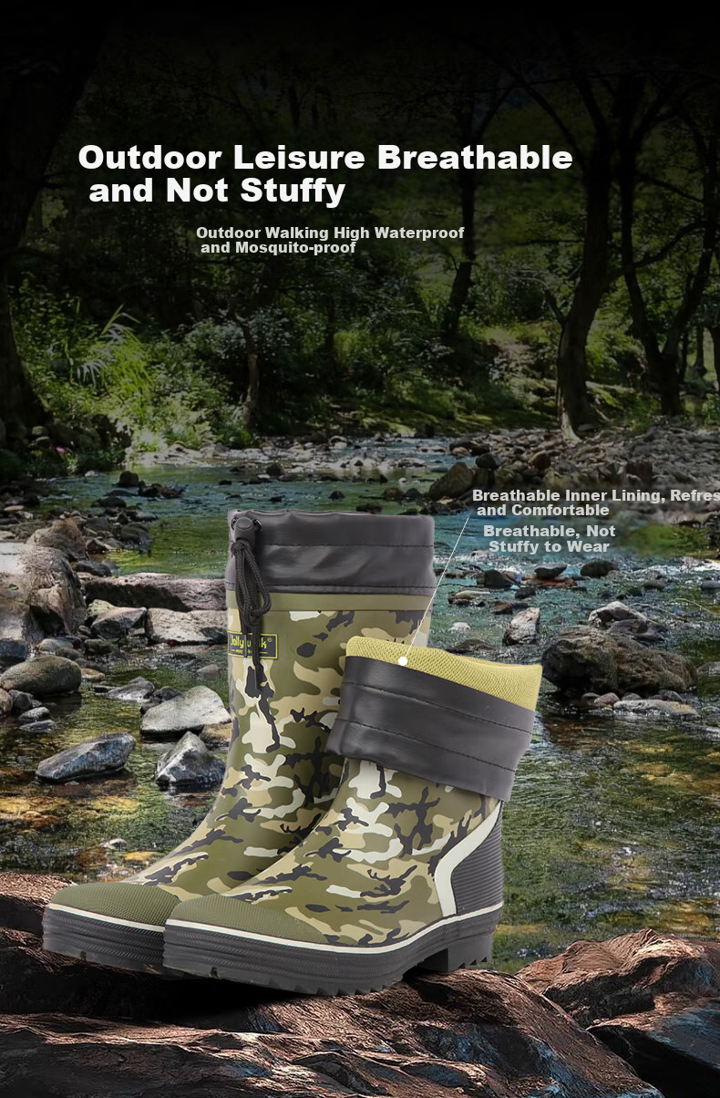 Jolly Walk Mid-Calf Camouflage Rain Boots, Rubber Waterproof Shoes, Outdoor Rain Boots 219-1, Black Camouflage, Size 43 7