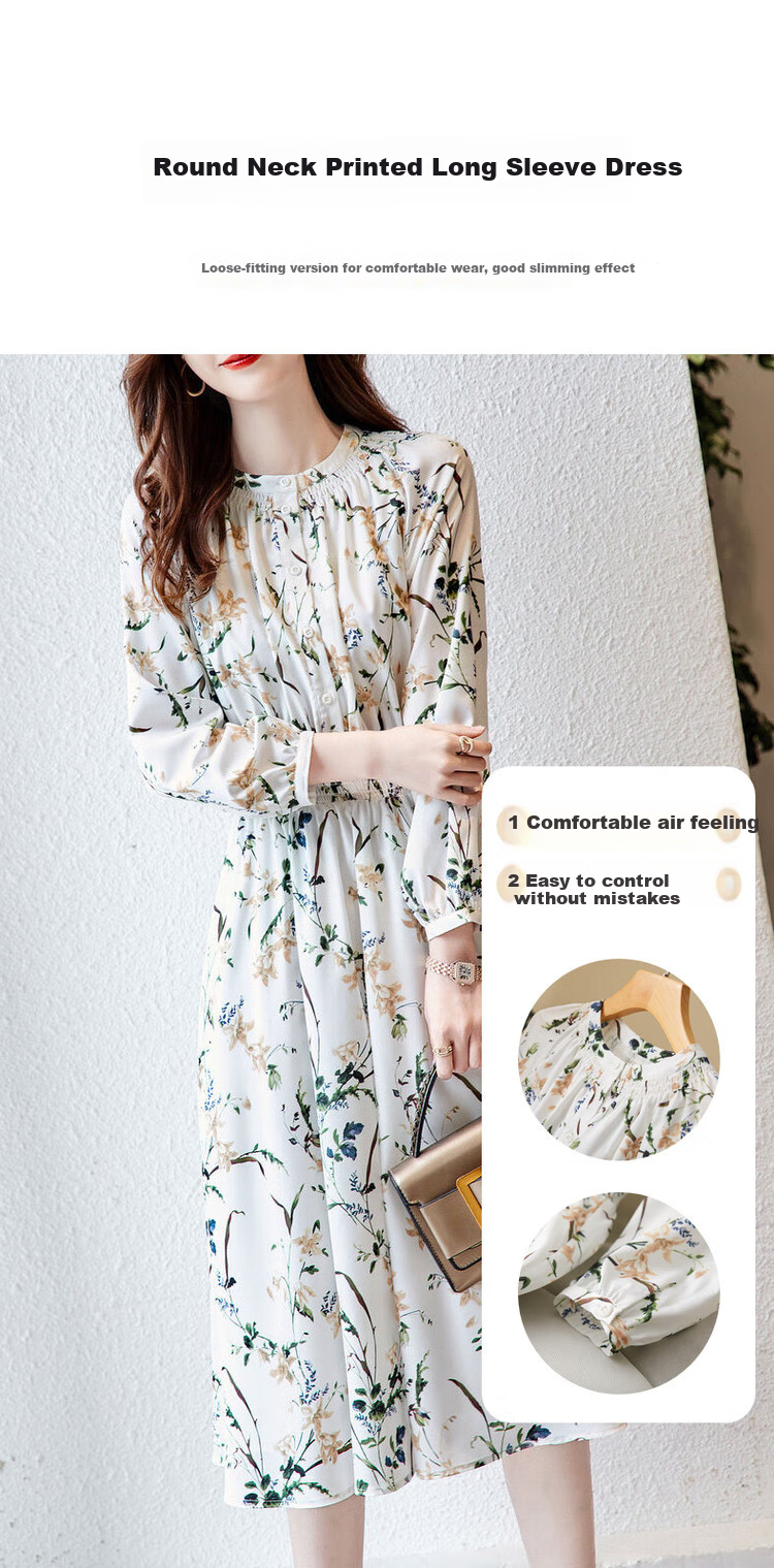Dme Floral Print Dress, Spring And Autumn Round Neck Waist-Cinching Long-Sleeve Floral Print Dress for Wome 2