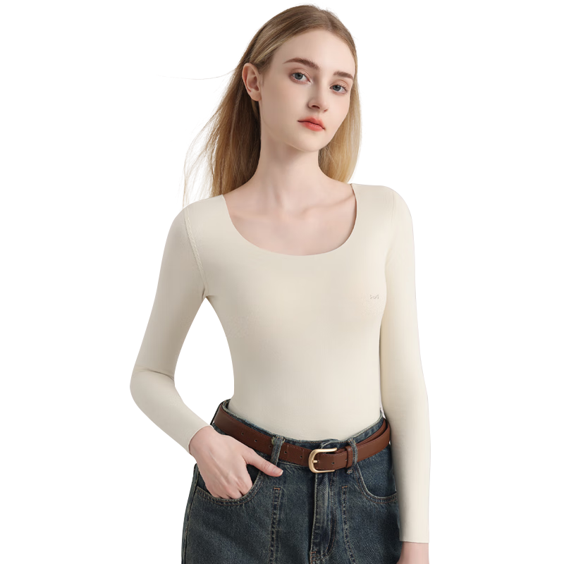 MiiOW [Goose Down Tencel] Women's Thermal Underwear 10A Antibacterial Seamless Heat-retaining Autumn Slim Fit Base Shirt Milk White L