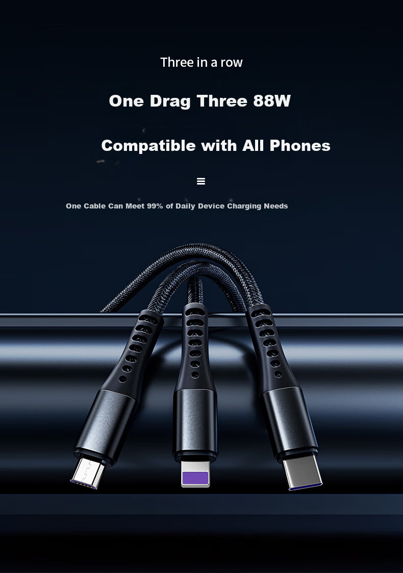 KOVOL [Core Upgrade] Data Cable Three-In 5A Fast Charging 88W Compatible with Huawei, Xiaomi, Type-C Android Phones Charging Cable for Apple 14/Oppo/iPhone One-To 8