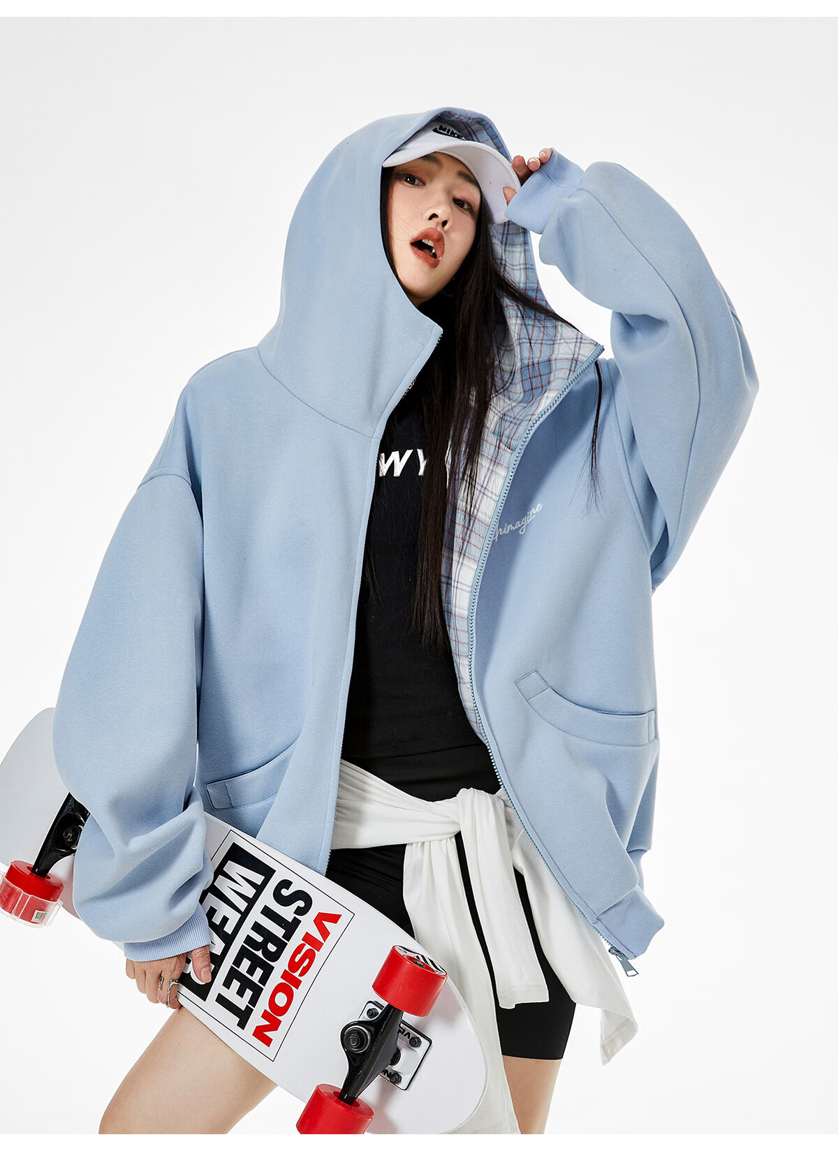 ICH MODE Celebrity Style American Plaid Patchwork Cardigan Sweatshirt Autumn Jacket Sports Cardigan Top Women Heather Gray XL 27