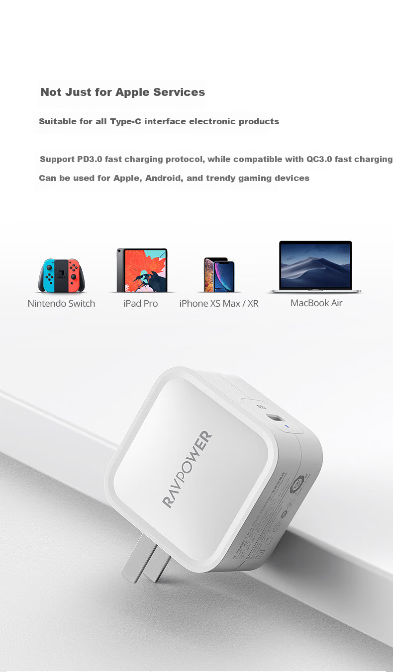 RAVPower Apple Charger PD30W Multi-Port Fast Charging Adapter Compatible with 20W Universal IPhone13/12ProMax/11, Android IPad, Smartphone Type-C Charging Head 9