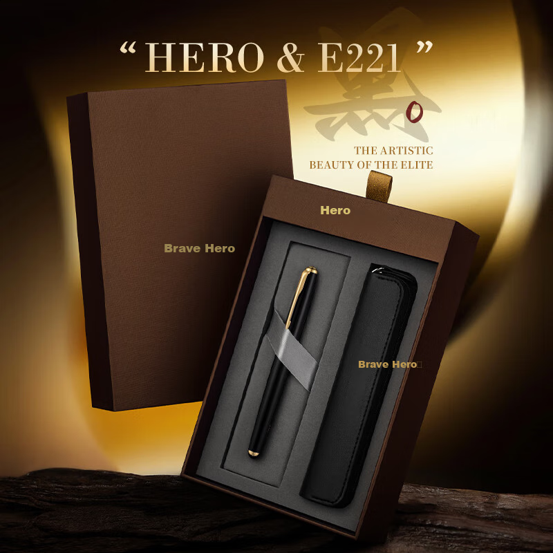 HERO Fountain Pen And Signature Pen E221 Ink Flowing Fragrance Gift Box, Mid-Autumn Festival, National Day, Birthday Gift for Men And Women, High-End Business Stationery Gift, Glossy Black with Gold Clip