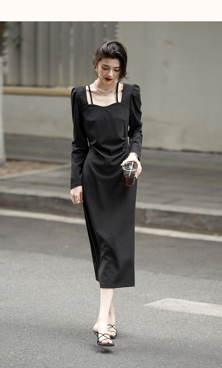 Demana Pure Desire Strap Design Spring Autumn French Style Square V Neck Waist Slimming Little Black Dress Knitted Twisted Linen Dress for Women 7