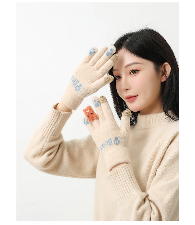 XUEXIMAN Plush Knitted Five-Finger Gloves Women's Winter Warm Thickened Student Touchscreen Cycling Cold Windproof Gloves 2