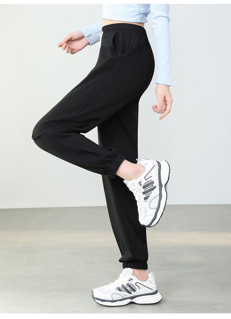 Jeanswest Women's Summer High-Waist Draped Drawstring Loose American-Style Sporty Curved Wide-Leg Pants Black M 11