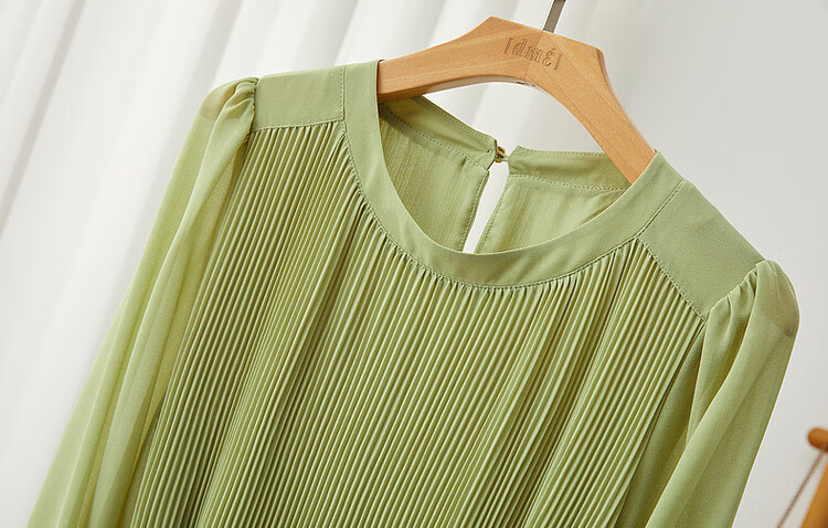 Dme [Waving Sleeve to Capture Fairy Dust] Spring And Autumn Round Neck Pleated Puff Sleeve Waist-Cinching Tie A-Line Dress for Women, Mid-Length Style 11