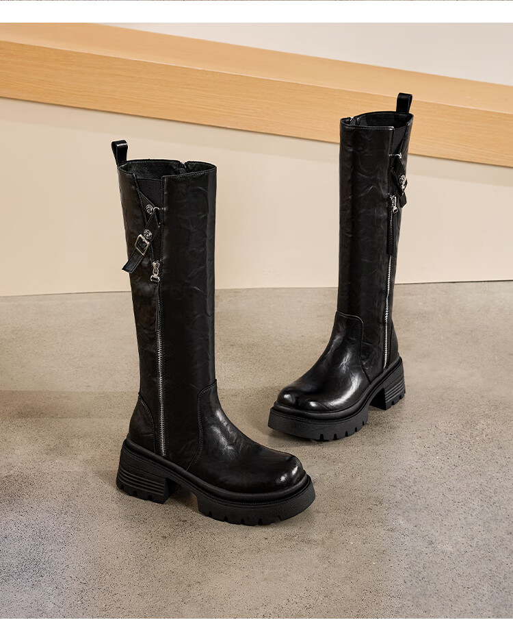 St&Sat Fleece-Lined Tall Boots Women 2025 New Winter Thick Sole Height Increasing Retro High Tube Denim Boots British Knight Long Boots 13