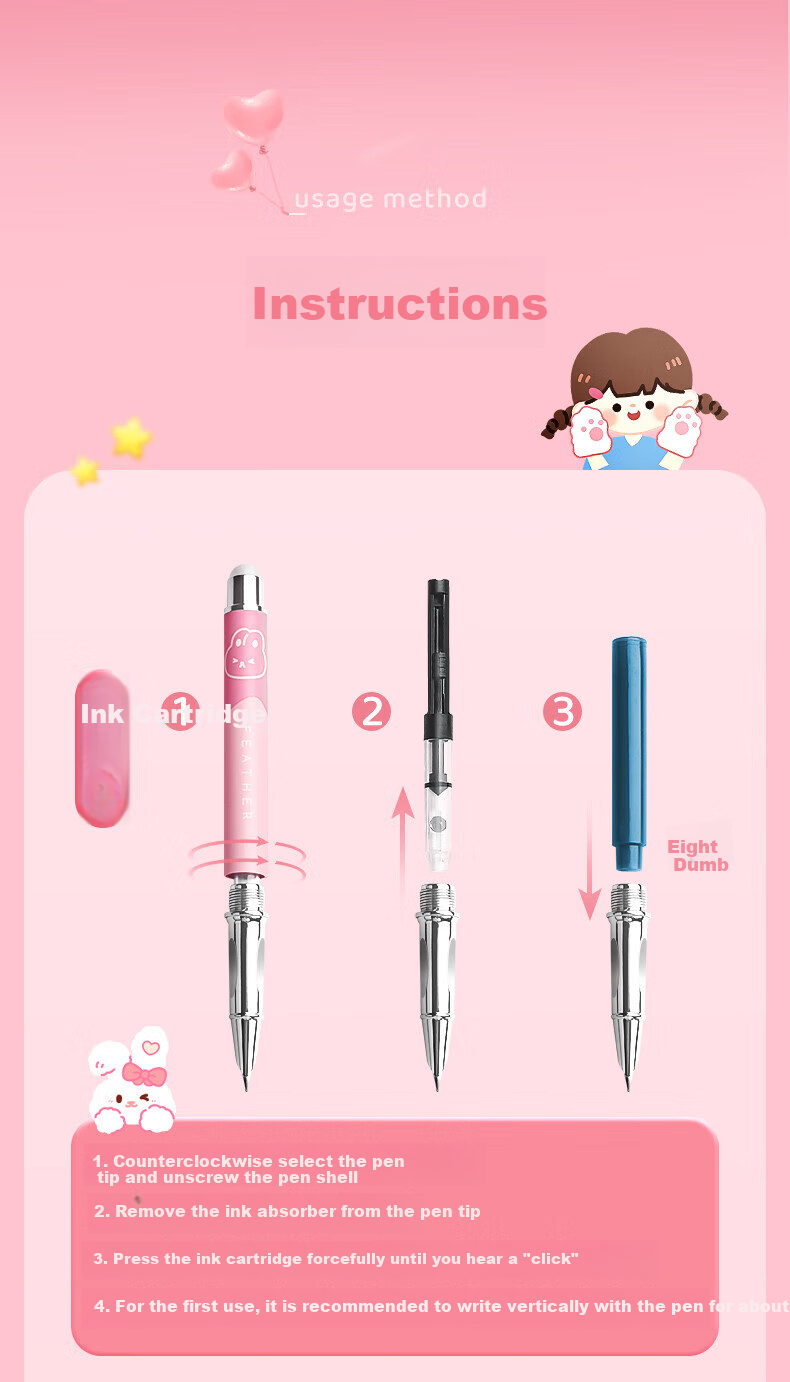 Benyi 5-Piece Gift Box Set Erasable Fountain Pen/ Tutu Sauce for Third-Grade Elementary School Students' Handwriting Practice, Heat-Sensitive Erasable Posture-Correcting Fountain Pen for Male And Female Beginners, Replaceable Ink Cartridge for Novice Writers' Practice 8