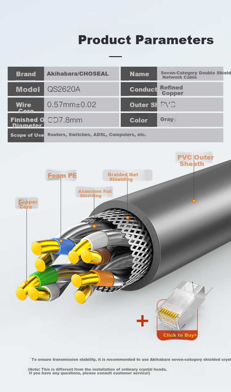 CHOOSEAL (CHOSEAL) Category 7 Double-Shielded Ethernet Cable, CAT7 Over Foxconn, 10 Gigabit Gaming-Grade Network Cable, Engineering And Home Installation 5G Wiring Box Cable, Gray 305 Meters, QS2620AT305 2
