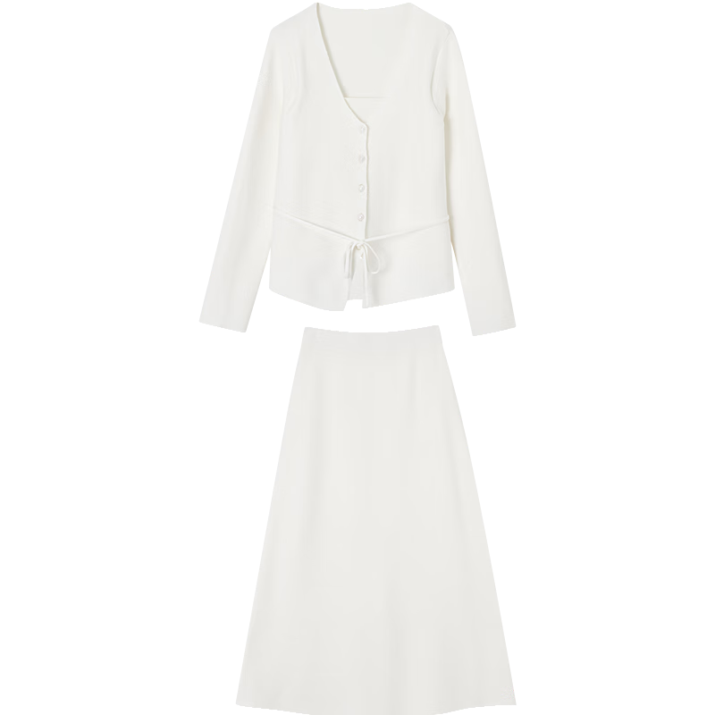 Demana Luxury Quiet Two-Piece Set Winter Faux Two-Piece V-Neck Pearl Button Cardigan with Tie Waist Knit Skirt Women's Set