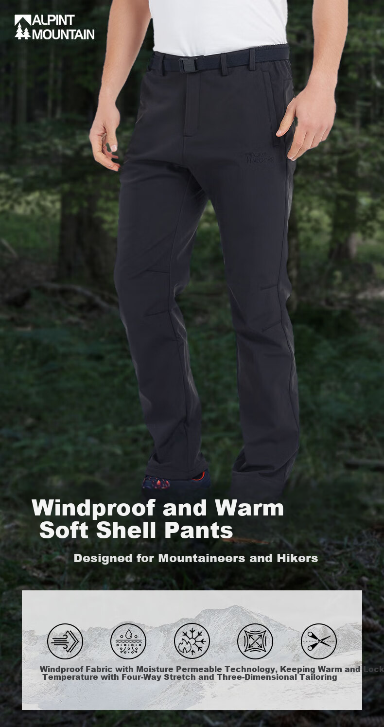 ALPINT MOUNTAIN Fleece-Lined Soft Shell Pants for Men And Women, Autumn And Winter Outdoor Cold-Resistant Hiking Trousers, Winter Fleece Waterproof Tactical Pants 1