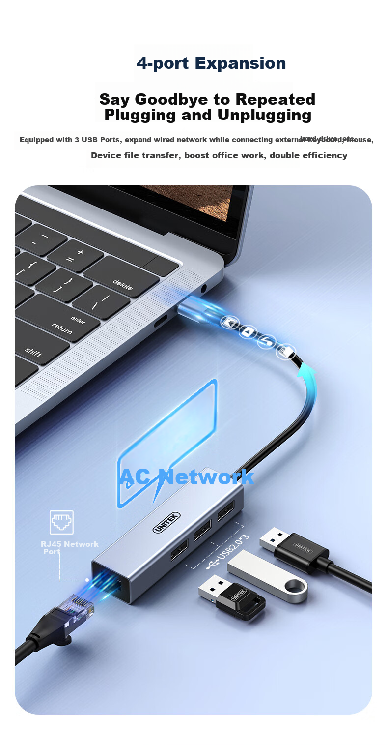 UNITEK USB-C to Ethernet Adapter, USB Hub Expansion Dock, Compatible with Huawei, Apple, Xiaomi, Lenovo Laptops, 100Mbps Network Card Expansion Converter H205B 7
