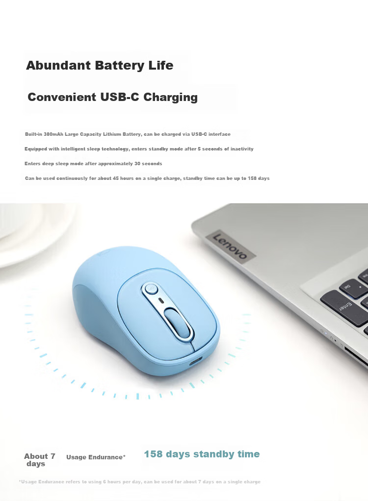 Lenovo Xiaoxin Wireless Bluetooth Rechargeable Mouse Plus, Twilight Gray, Ergonomic Design for Business Office, Quiet And Portable, Compatible with Laptops And Tablets, XM300 Single Bluetooth 7