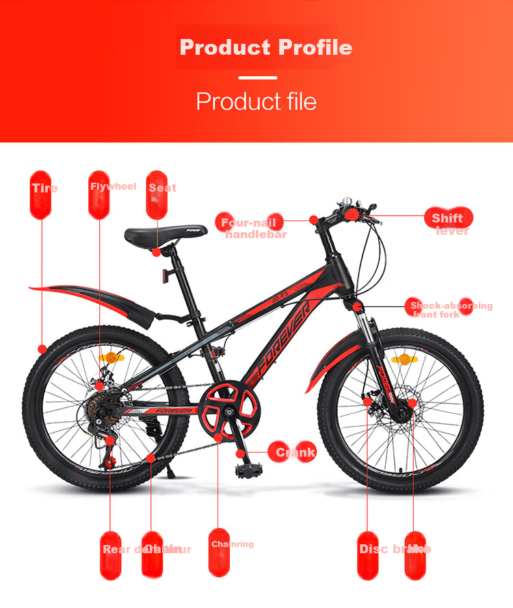 FOREVER Children's Bicycle, 20-Inch Youth Gears Mountain Bike for Ages 6-10, Pedal Off-Road Bicycle, Black And Red Color 20
