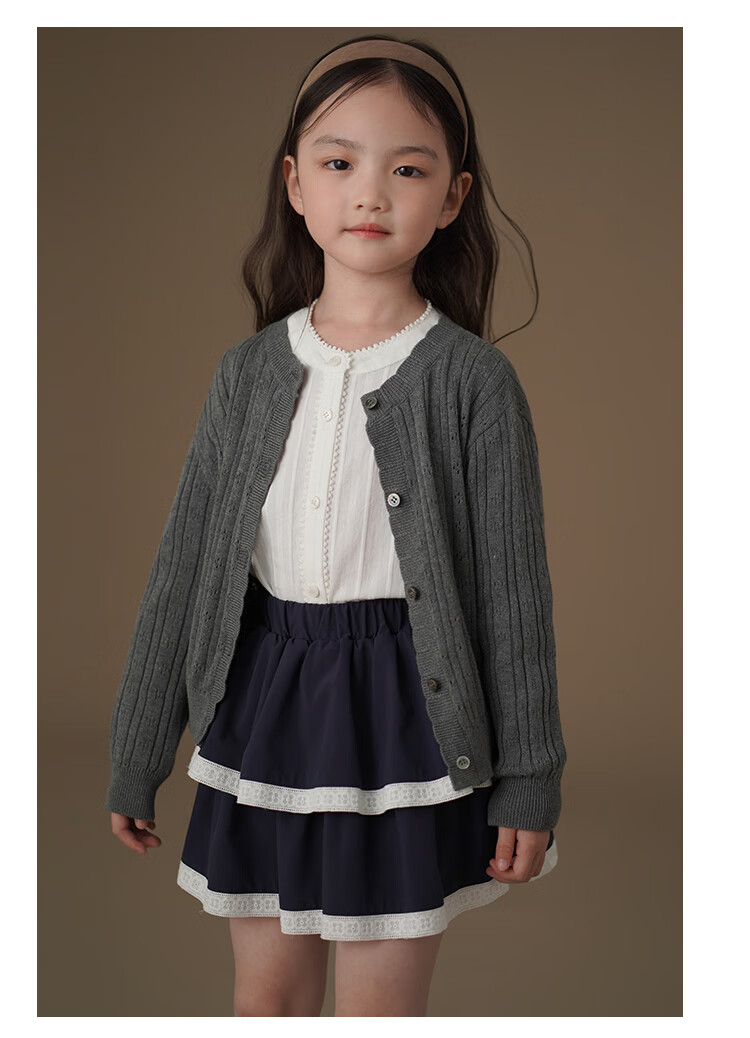 Hacikis Kids Spring and Autumn Knitted Cardigan Simple High-End Feel Skin-Friendly Girls' Mid to Big Kids Gray 160 10
