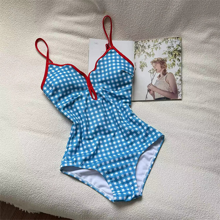 OMOM New Fresh Plaid Student One-Piece Swimsuit Women Triangle Slimming Hot Spring Vacation Swimwear Plaid XL 6