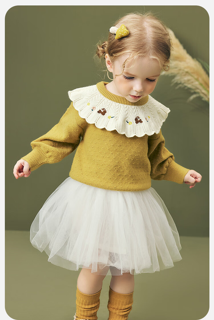 Minibala Girls' Baby Embroidered Sweater, Anti-Deformation, Anti-Pilling, Lantern Sleeves, Skin-Friendly, Winter 2025 2