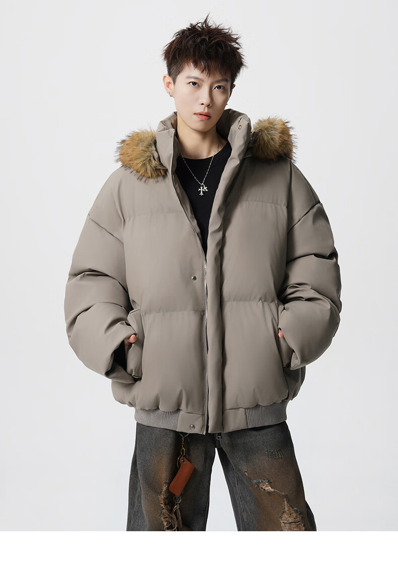 Colombass Trendy PU Leather Down Jacket Men Hooded Winter New Short Thickened Couple Loose Fur Collar Outerwear 9