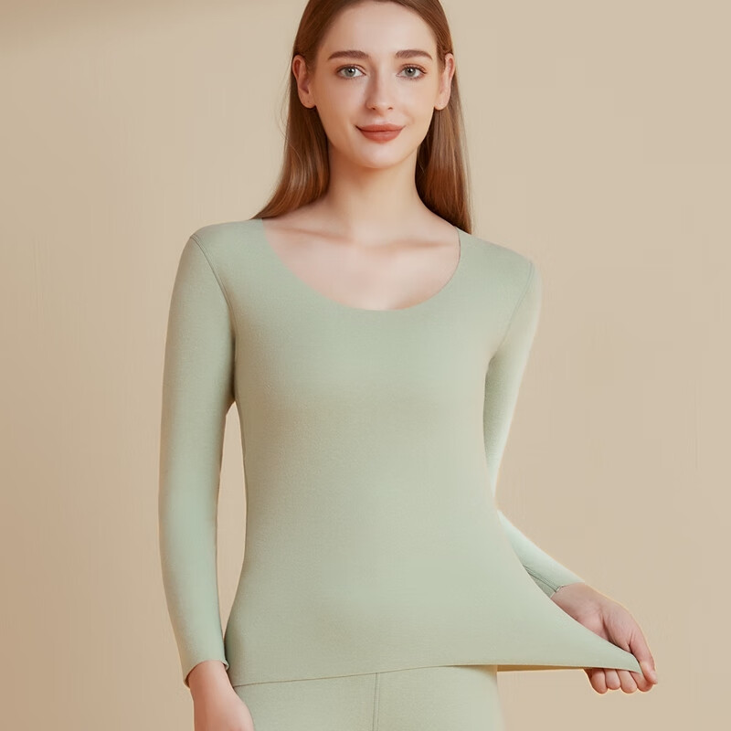 MiiOW Women's Autumn Long Sleeve Top Base Shirt AB Double-Sided Brushed Fleece Customizable Slim Fit Warm Innerwear Matcha Green 2XL