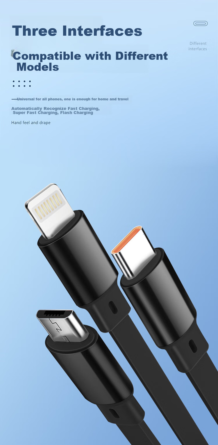 Newmine Charger Cable, Three-In Retractable Data Cable, Fast Charging 22.5W, One-To Apple Type-C Android Phone Car Charger, Supports IPhone 15-18 Phones And Tablets, Black 2