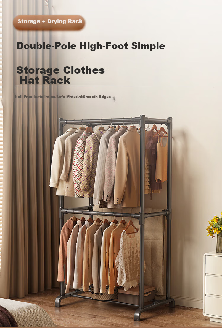 Anerya Coat Rack with Double Rods, High Stand Simple Clothes Drying Rack, Sun-Proof Clothes Rack, Floor-Standing Bedroom Balcony Hanger Display Stand 1