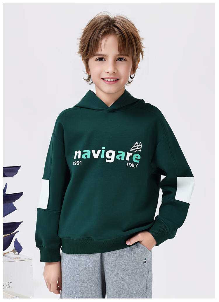 Navigare Boys' Hoodie Spring Children's Hooded Sweatshirt Student Casual Fashion Sailboat Letter Navy Blue 165 18
