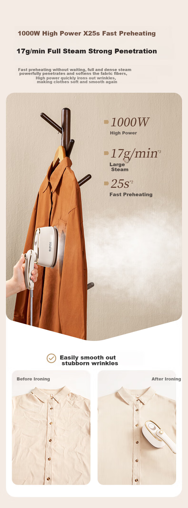 SUPOR [Dry And Wet Ironing] Handheld Garment Steamer, 17g/min High Steam Output, 100ml Household Ironing Machine, Compact Portable Electric Iron with Bean-Shaped Design, Model 923B, Group Purchase Gift 8
